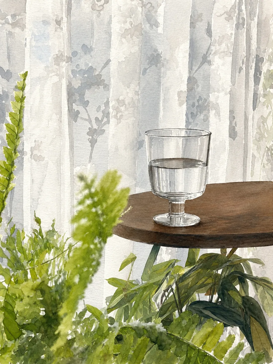 観葉植物を眺めながらお水を飲む